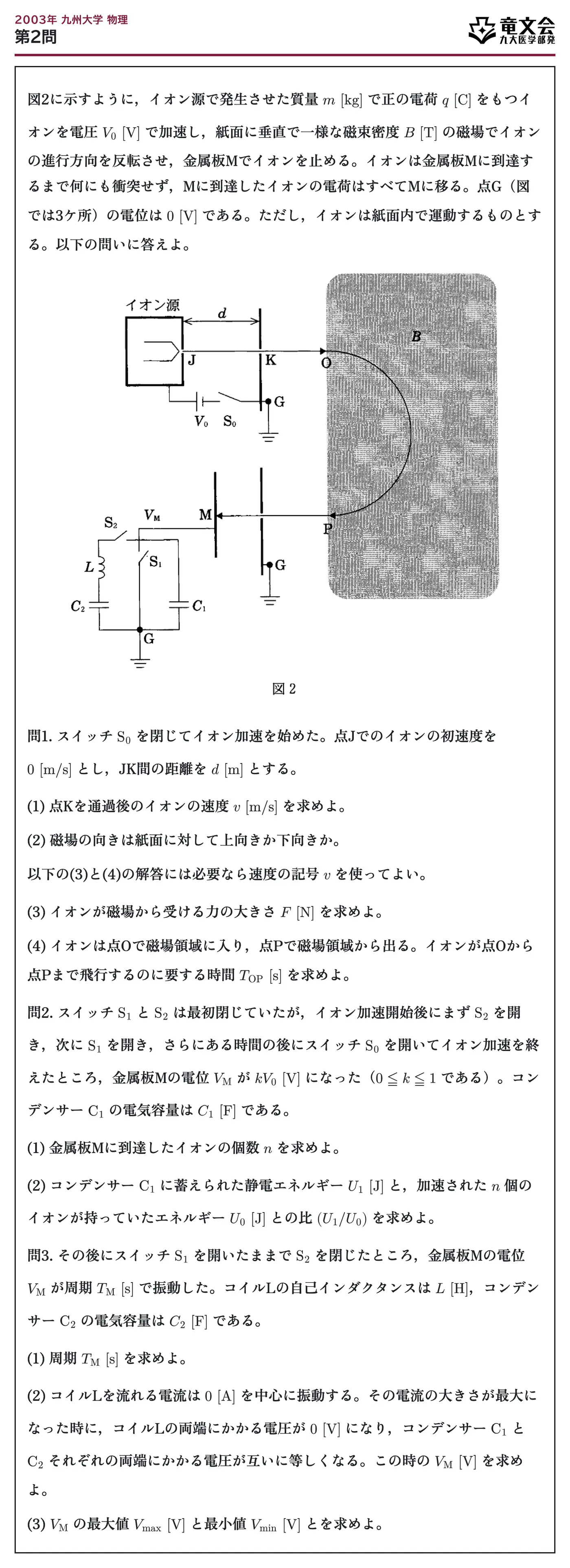 2003年九州大学物理 第2問 問題