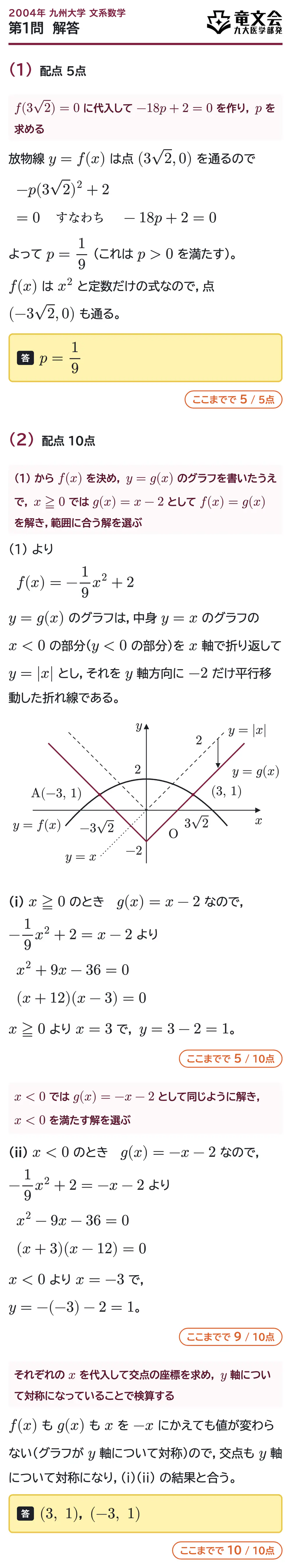 2004年九州大学文系数学 第1問 解答・解説