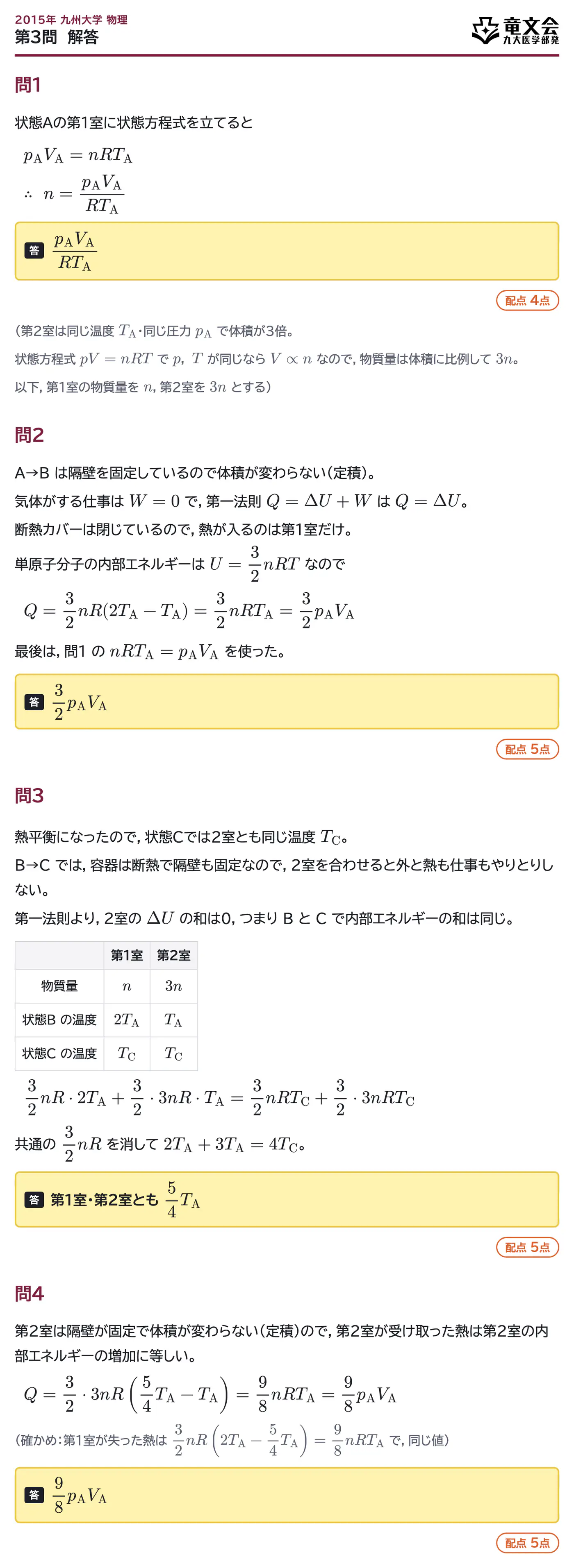 2015年九州大学物理 第3問 解答・解説