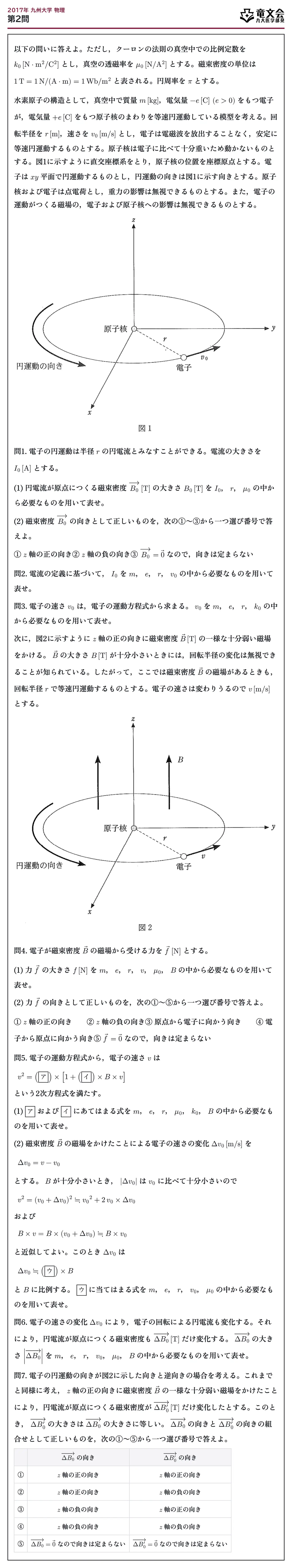 2017年九州大学物理 第2問 問題