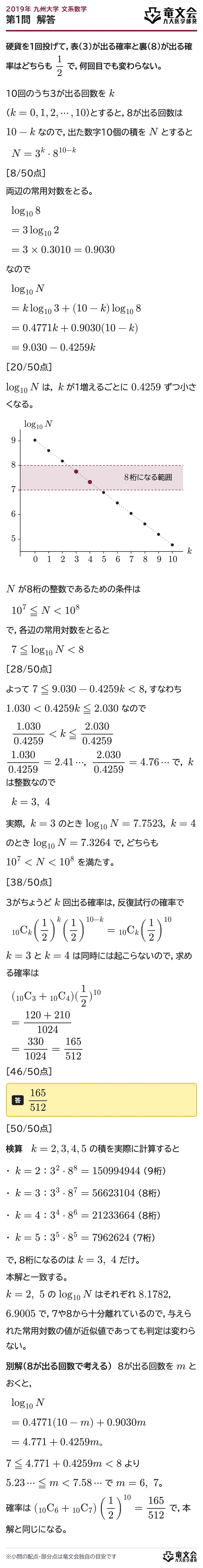 2019年九州大学文系数学 第1問 解答・解説
