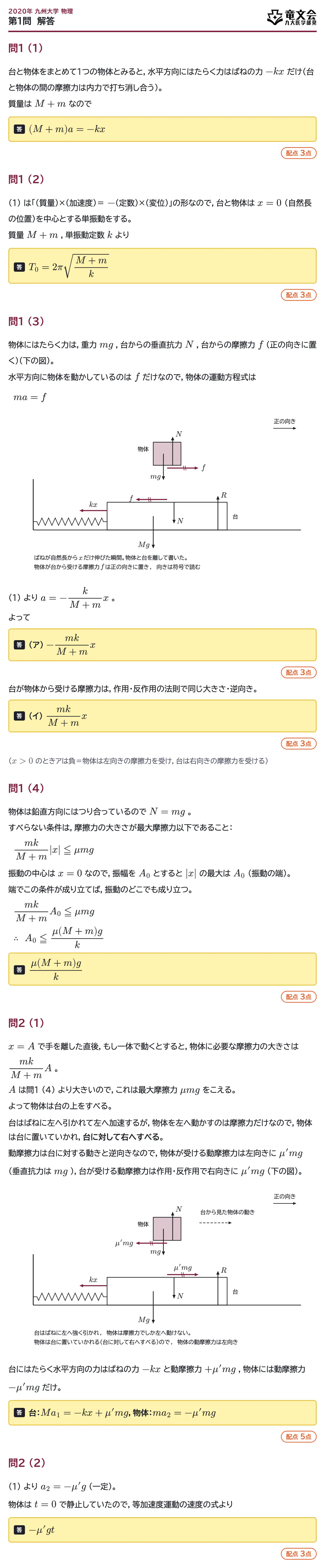2020年九州大学物理 第1問 解答・解説